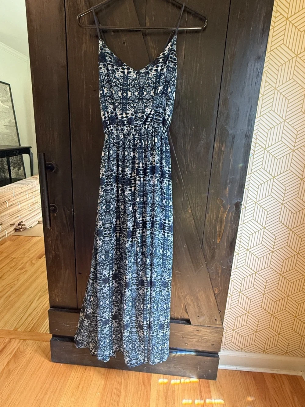 Abercrombie and Fitch mixed blue Boho Maxi dress Aztec Batik Print Sheer Medium